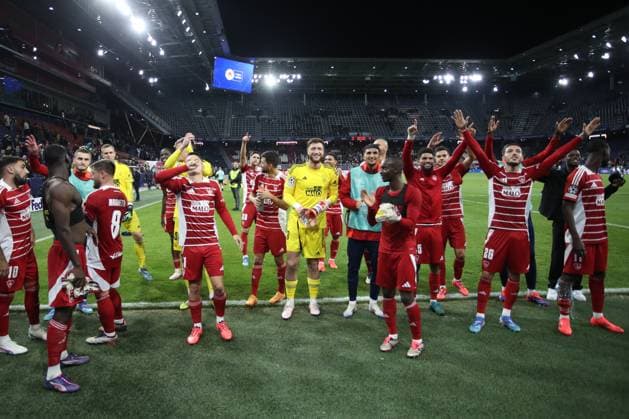 SOCCER - UEFA CL, RBS vs Brest SALZBURG,AUSTRIA,01.OCT.24 - SOCCER - UEFA Champions League, Red Bull Salzburg vs Stade Brestois 29. Image shows the rejoicing of Brest.  GEPAxpictures xMathiasxMandl