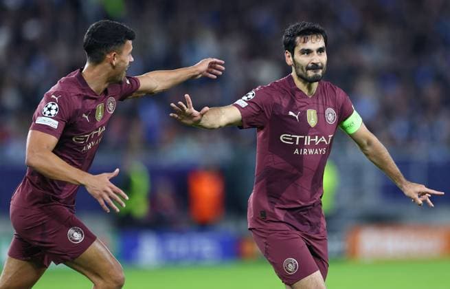 Ilkay Gundogan of Manchester City celebrates scoring the opening goal Slovan Bratislava v Manchester City, UEFA Champions League, Group Stage, Football, Tehelne pole, Bratislava, Slovakia, 01 Oct 2024 EDITORIAL USE ONLY No use with unauthorised audio, video, data, fixture lists, club league logos or live services. Online in-match use limited to 120 images, no video emulation. No use in betting, games or single club league player publications. Copyright: xMichaelxZemanek Shutterstockx 14750163i