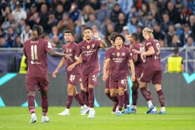 Manchester City players a goal celebrate during UEFA Champions league match, SK Slovan Bratislava - Manchester City , 01. october 2024 Copyright: xMICHALxFAJT,ZOSPORTU.SKx DSC_2090