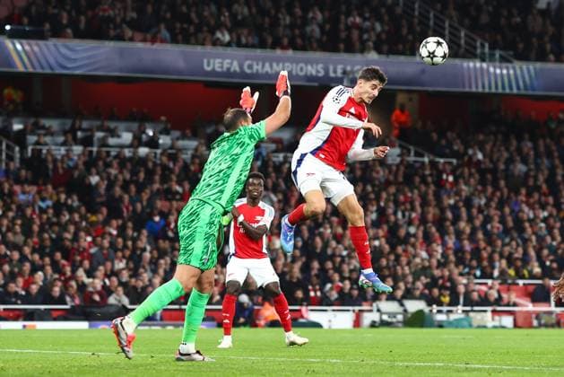 Arsenal v PSG 1 October 2024, London - UEFA Champion™s League Football - Arsenal v Paris Saint-Germain - Kai Havertz of Arsenal scores their first goal past Paris Saint Germain goalkeeper Gianluigi Donnarumma - Photo: Charlotte Wilson Offside. London UK Copyright: xCharlottexWilsonx xOffsidexOffside