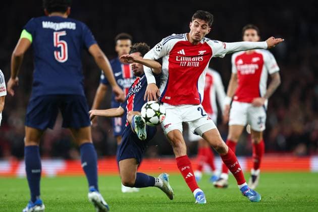 Arsenal v PSG 1 October 2024, London - UEFA Champion™s League Football - Arsenal v Paris Saint-Germain - Kai Havertz of Arsenal - Photo: Charlotte Wilson Offside. London UK Copyright: xCharlottexWilsonx xOffsidexOffside