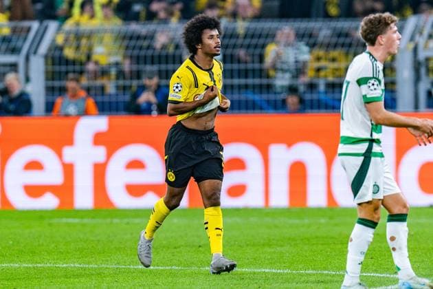 01.10.2024, Borussia Dortmund vs. Celtic Glasgow, UEFA Champions League, 2. Spieltag Karim Adeyemi (Borussia Dortmund, 27) jubelt nach seinem Tor zum 4:1 Copyright: xBahhoxKarax