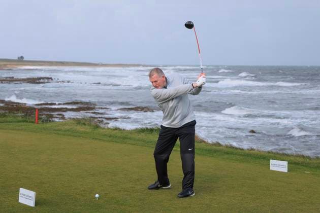 1st October 2024; Kingsbarns Golf Links, Fife, Scotland; Alfred Dunhill Links Golf Championship, Second Practice Day; Dougie MacIntyre, father of Bob tees off on the third hole on Kingsbarns Golf Links, during a practice round ahead of the Dunhill Links Championship  ActionPlus12698755 DavidxYoung