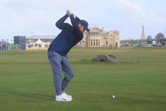 1st October 2024; Old Course at St Andrews, St Andrews, Fife, Scotland; Alfred Dunhill Links Golf Championship, Second Practice Day; Alex Fitzpatrick of England tees off on the eighteenth hole of the Old Course, St Andrews, during a practice round ahead of the Dunhill Links Championship  ActionPlus12698766 DavidxYoung