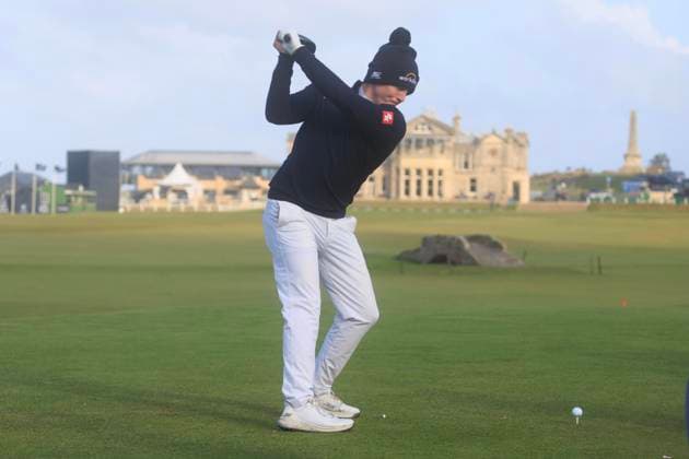 1st October 2024; Old Course at St Andrews, St Andrews, Fife, Scotland; Alfred Dunhill Links Golf Championship, Second Practice Day; Matt Fitzpatrick of England tees off on the eighteenth hole of the Old Course, St Andrews, during a practice round ahead of the Dunhill Links Championship  ActionPlus12698767 DavidxYoung