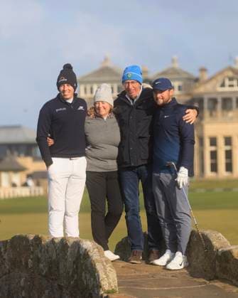 1st October 2024; Old Course at St Andrews, St Andrews, Fife, Scotland; Alfred Dunhill Links Golf Championship, Second Practice Day; Matt Fitzpatrick and Alex Fitzpatrick of England along with their parents Russell and Susan pose for a picture on the Swilken Bridge of the Old Course, St Andrews, during a practice round ahead of the Dunhill Links Championship  ActionPlus12698768 DavidxYoung