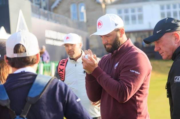 1st October 2024; Old Course at St Andrews, St Andrews, Fife, Scotland; Alfred Dunhill Links Golf Championship, Second Practice Day; Jon Rahm of Spain signs autographs on the Old Course, St Andrews, after a practice round ahead of the Dunhill Links Championship  ActionPlus12698779 DavidxYoung