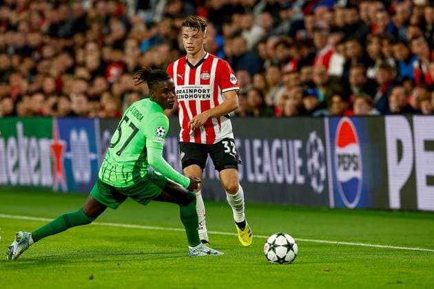 EINDHOVEN, 12-05-2019, Philips stadium. Dutch football, Champions League, season 2024-2025. Player PSV Matteo Dams vs Player Sporting CP Geovany Quenda PSV - Sporting CP  x26369422x Copyright:
