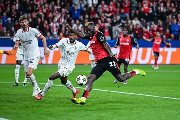 01.10.2024, Fussball, Champions League, 2. Spieltag, Saison 2024 2025, Bayer 04 Leverkusen - AC Mailand, Victor Boniface (Bayer Leverkusen) erzielt das Tor zum 1:0 xRHR-FOTO TKx Copyright: RHR-FOTOx RHR-FOTO TK
