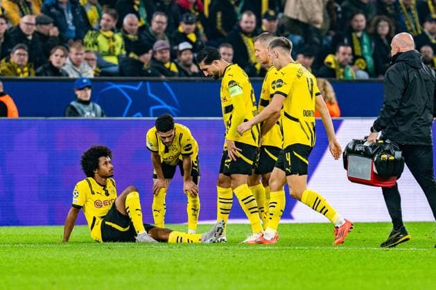01.10.2024, Borussia Dortmund vs. Celtic Glasgow, UEFA Champions League, 2. Spieltag Karim Adeyemi (Borussia Dortmund, 27) muss mit einer Verletzung ausgewechselt werden, verletzt Copyright: xBahhoxKarax