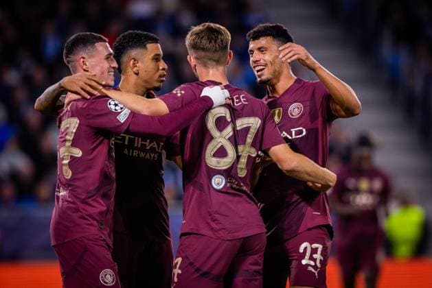 SLOVAN BRATISLAVA - MANCHESTER CITY Phil Foden, James McAtee, Savinho, Matheus Nunes of Man City during the UEFA Champions League, league stage match between SK Slovan Bratislava and Manchester City. Bratislava, Slovakia, October 01, 2024. PUBLICATION NOT IN SLOVAKIA Copyright: xx slovanbratislava_manchestercity_championsleague127