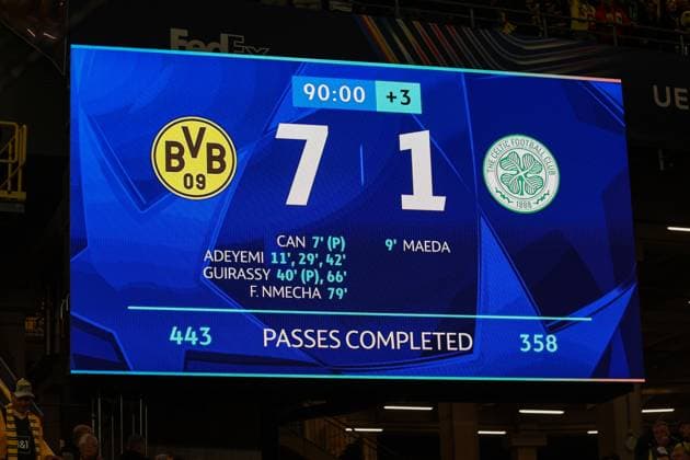 UEFA Champions League - Borussia Dortmund - Celtic Glasgow am 01.10.2024 im Signal Iduna Park in Dortmund Anzeigetafel Videoleinwand mit dem offiziellen Endergebnis 7 zu 1