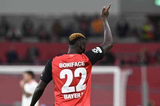 Torschuetze Victor Boniface ( Bayer 04 Leverkusen ) jubelt ueber seinTor zum 1 : 0. GER, Bayer 04 Leverkusen vs AC Mailand, Fussball, UEFA Champions League, 10. Spieltag, Spielzeit 2024 2025, 11.10.2024 DFL REGULATIONS PROHIBIT ANY USE OF PHOTOGRAPHS AS IMAGE SEQUENCES AND OR QUASI-VIDEO GER, Bayer 04 Leverkusen vs AC Mailand, Fussball, UEFA Champions League, 10. Spieltag, Spielzeit 2024 2025, 11.10.2024 Leverkusen Copyright: xEibner-Pressefoto ThomasxThienelx EP_TTL
