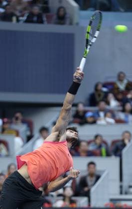 (241002) -- BEIJING, Oct. 2, 2024 -- Carlos Alcaraz of Spain serves during the Men s Singles Final between Jannik Sinner of Italy and Carlos Alcaraz of Spain at the 2024 China Open tennis tournament in Beijing, capital of China, Oct. 2, 2024. (Photo by Xinhua) (SP)CHINA-BEIJING-TENNIS-CHINA OPEN-MEN S SINGLES-FINAL (CN) DuxXinyi 