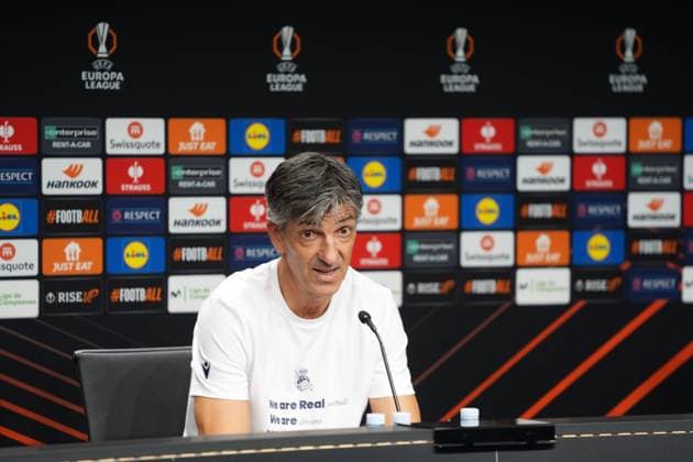 Real Sociedad s coach Imanol Alguacil pictured during a press conference, PK, Pressekonferenz of Spanish team Real Sociedad in San Sebastian, Spain, Wednesday 02 October 2024, before tomorrow s game against Belgian Team RSC Anderlecht, in the second day of the UEFA Europa League tournament. JOMAxGARCIAxIxGISBERT  x101812831x
