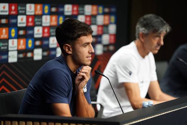 Real Sociedad s Martin Zubimendi pictured during a press conference, PK, Pressekonferenz of Spanish team Real Sociedad in San Sebastian, Spain, Wednesday 02 October 2024, before tomorrow s game against Belgian Team RSC Anderlecht, in the second day of the UEFA Europa League tournament. JOMAxGARCIAxIxGISBERT  x101812846x