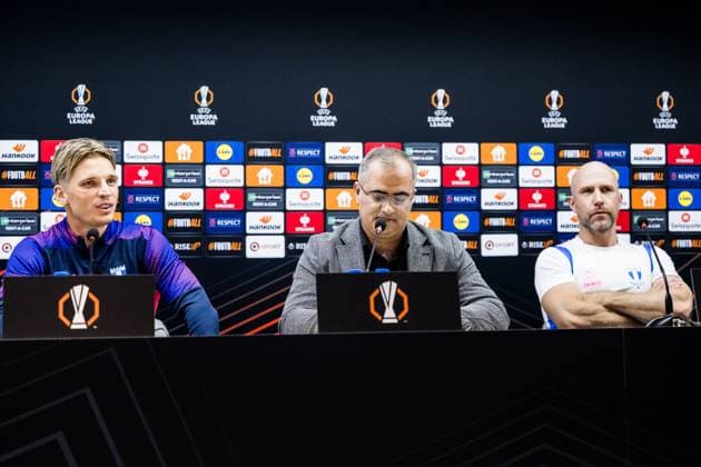 241002 Jens Stryger Larsen and Head coach Henrik Rydström of Malmö FF during a press conference, PK, Pressekonferenz with Malmö FF on October 2, 2024 in Baku. Photo: Petter Arvidson BILDBYRAN kod PA PA0890 fotboll football soccer fotball uefa europa league presskonferens press conference malmö ff bbeng Copyright: PETTERxARVIDSON BB241002PA030