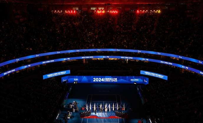 (241002) -- BEIJING, Oct. 2, 2024 -- Photo taken on Oct. 2, 2024 shows the awarding ceremony of the Men s Singles Final between Jannik Sinner of Italy and Carlos Alcaraz of Spain at the 2024 China Open tennis tournament in Beijing, capital of China. ) (SP)CHINA-BEIJING-TENNIS-CHINA OPEN-MEN S SINGLES-FINAL (CN) WangxLili 