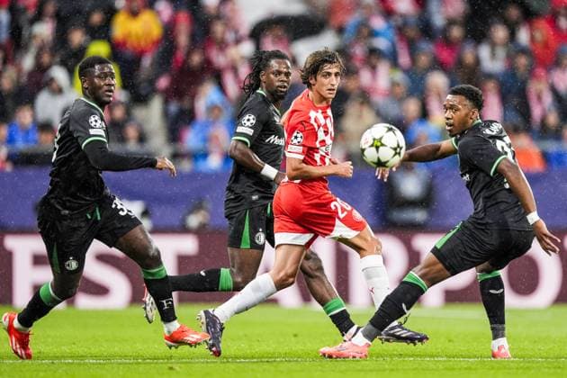 UEFA Champions League: Girona FC v Feyenoord Girona - Ibrahim Osman of Feyenoord, Jordan Lotomba of Feyenoord, Bryan Gil of Girona FC, Antoni Milambo of Feyenoord during the second round of new format of the UEFA Champions League 2024 2025. The match is set between Girona FC and Feyenoord at Estadi Montilivi on 2 October 2024 in Girona, Spain. Copyright: xTomxBodex