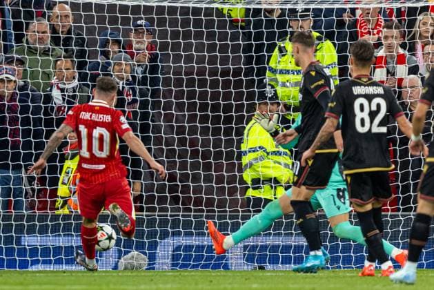 Football - UEFA Champions League - League Phase - Liverpool FC v Bologna FC 1909 LIVERPOOL, ENGLAND - Wednesday, October 2, 2024: Liverpool s Alexis Mac Allister scores the first goal during the UEFA Champions League game between Liverpool FC and Bologna FC 1909 at Anfield. (Photo by David Rawcliffe Propaganda) LIVERPOOL Anfield MERSEYSIDE ENGLAND  Copyright: xDavidxRawcliffex P2024-10-02-Liverpool_Bologna-7
