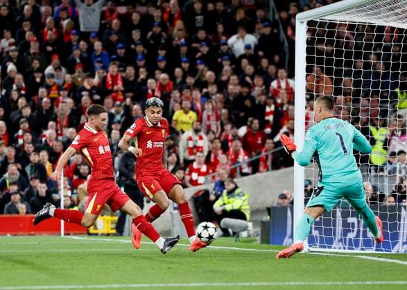 Liverpool FC v Bologna FC 1909 - UEFA Champions League 2024 25 League Phase MD2 of Liverpool scores the opening goal during the UEFA Champions League 2024 25 League Phase MD2 match between Liverpool FC and Bologna FC 1909 at Anfield on October 2, 2024 in Liverpool, England. Liverpool Anfield England United Kingdom Copyright: xRichardxSellers Sportsphoto APLx 14049059