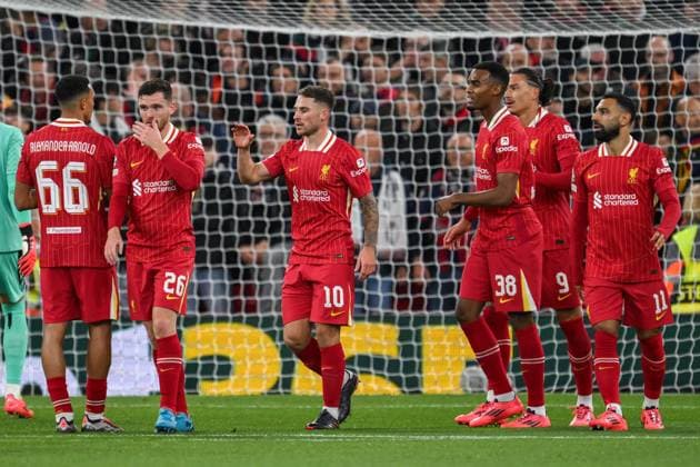 UEFA Champions League - League Stage Liverpool v Bologna Alexis Mac Allister of Liverpool celebrates his goal with teammates to make 1-0 during the UEFA Champions League - League Stage match Liverpool vs Bologna at Anfield, Liverpool, United Kingdom, 2nd October 2024 (Photo by Craig Thomas News Images) Liverpool Anfield Merseyside United Kingdom Copyright: xCraigxThomas NewsxImagesx