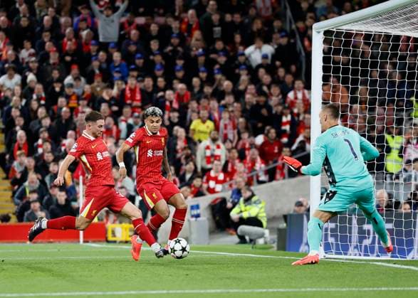 Liverpool FC v Bologna FC 1909 - UEFA Champions League 2024 25 League Phase MD2 of Liverpool scores the opening goal during the UEFA Champions League 2024 25 League Phase MD2 match between Liverpool FC and Bologna FC 1909 at Anfield on October 2, 2024 in Liverpool, England. Liverpool Anfield England United Kingdom Copyright: xRichardxSellers Sportsphoto APLx 14049062