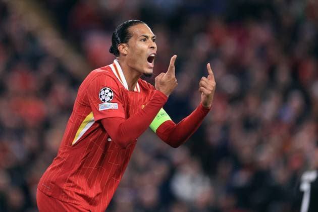 Liverpool v Bologna UEFA Champions League 2nd October 2024 - UEFA Champions League - Liverpool FC v Bologna FC - Virgil van Dijk of Liverpool gives instructions - Photo: Simon Stacpoole Offside. Liverpool UK Copyright: xSimonxStacpoolexOffside