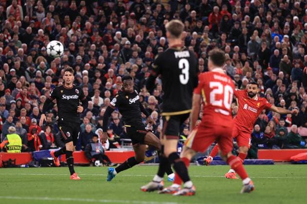 Liverpool v Bologna UEFA Champions League 2nd October 2024 - UEFA Champions League - Liverpool FC v Bologna FC - Mohamed Salah of Liverpool scoring the second goal - Photo: Simon Stacpoole Offside. Liverpool UK Copyright: xSimonxStacpoolexOffside