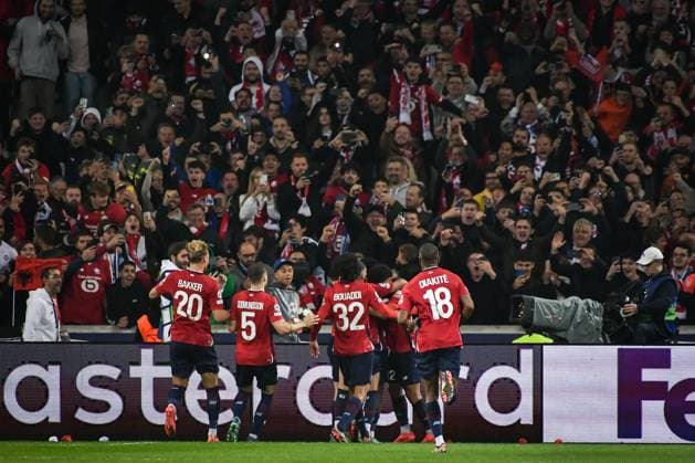 Champions League Lille vs Real Madrid FA LOSC Lille’s players celebrate scoring a goal during the UEFA Champions League football match between LOSC Lille and Real Madrid CF at the Pierre Mauroy Stadium in Lille on October 2, 2024. Photo by Firas Abdullah ABACAPRESS.COM Paris Ile-de-France France  Copyright: xAbdullahxFiras ABACAx