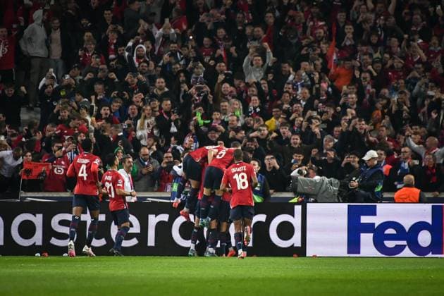 Champions League Lille vs Real Madrid FA LOSC Lille’s players celebrate scoring a goal during the UEFA Champions League football match between LOSC Lille and Real Madrid CF at the Pierre Mauroy Stadium in Lille on October 2, 2024. Photo by Firas Abdullah ABACAPRESS.COM Paris Ile-de-France France  Copyright: xAbdullahxFiras ABACAx