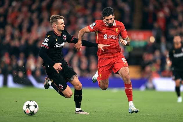 Liverpool v Bologna UEFA Champions League 2nd October 2024 - UEFA Champions League - Liverpool FC v Bologna FC - Stefan Posch of Bologna and Dominik Szoboszlai of Liverpool - Photo: Simon Stacpoole Offside. Liverpool UK Copyright: xSimonxStacpoolexOffside