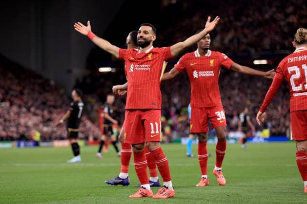 Liverpool v Bologna UEFA Champions League 2nd October 2024 - UEFA Champions League - Liverpool FC v Bologna FC - Mohamed Salah of Liverpool celebrates the second goal at Anfield - Photo: Simon Stacpoole Offside. Liverpool UK Copyright: xSimonxStacpoolexOffside
