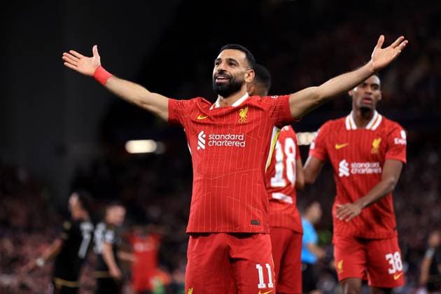 Sport Bilder des Tages Liverpool v Bologna UEFA Champions League 2nd October 2024 - UEFA Champions League - Liverpool FC v Bologna FC - Mohamed Salah of Liverpool celebrates the second goal at Anfield - Photo: Simon Stacpoole Offside. Liverpool UK Copyright: xSimonxStacpoolexOffside