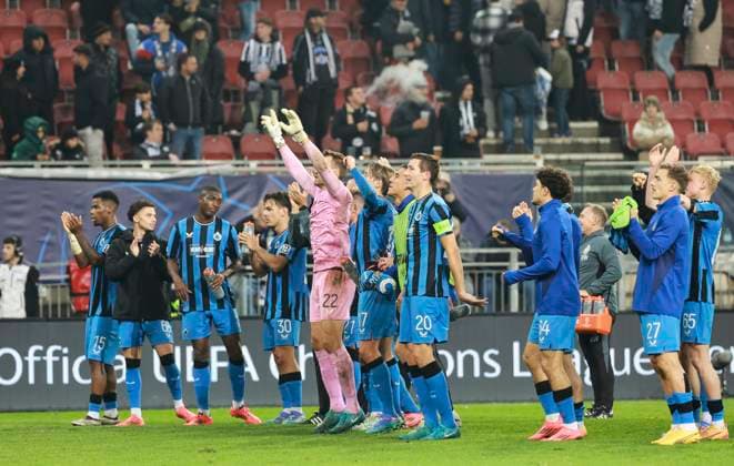 SOCCER - UEFA CL, Sturm vs Brugge KLAGENFURT,AUSTRIA,02.OCT.24 - SOCCER - UEFA Champions League, SK Sturm Graz vs Club Brugge. Image shows the rejoicing of Club Brügge.  GEPAxpictures xWolfgangxGrebien