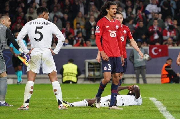 Antonio Rudiger of Real Madrid reacts after a late miss Lille v Real Madrid, UEFA Champions League, Group Stage, Football, Pierre Mauroy Stadium, Lille, France, 02 Oct 2024 EDITORIAL USE ONLY No use with unauthorised audio, video, data, fixture lists, club league logos or live services. Online in-match use limited to 120 images, no video emulation. No use in betting, games or single club league player publications. Copyright: xDavexWinter Shutterstockx 14750773cv