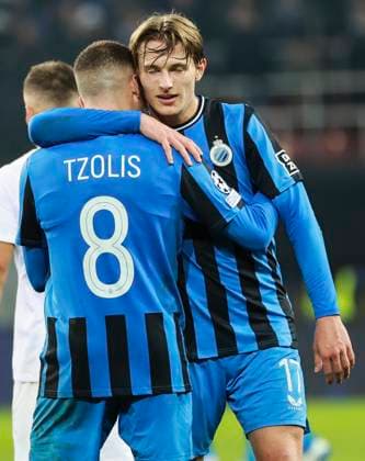 SOCCER - UEFA CL, Sturm vs Brugge KLAGENFURT,AUSTRIA,02.OCT.24 - SOCCER - UEFA Champions League, SK Sturm Graz vs Club Brugge. Image shows Christos Tzolis (Club Brügge) and Romeo Vermant (Club Brügge).  GEPAxpictures xWolfgangxGrebien