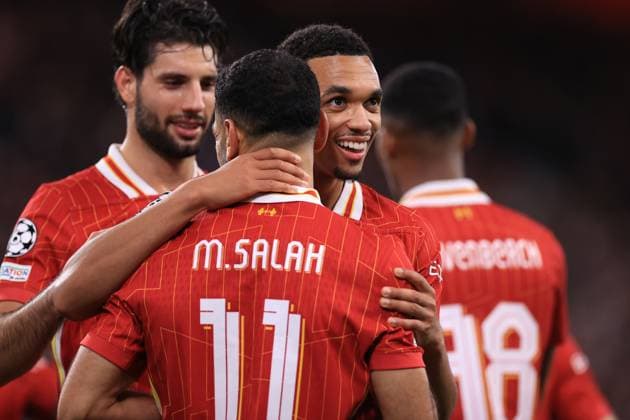 Liverpool v Bologna UEFA Champions League 2nd October 2024 - UEFA Champions League - Liverpool FC v Bologna FC - Trent Alexander-Arnold of Liverpool celebrates with Mohamed Salah - Photo: Simon Stacpoole Offside. Liverpool UK Copyright: xSimonxStacpoolexOffside