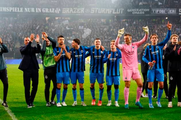 Sturm Graz v Club Brugge - UEFA Champions League KLAGENFURT, AUSTRIA - OCTOBER 02 : players of Brugge celebrate the win pictured during the UEFA Champions League phase matchday 2 match between Sturm Graz and Club Brugge at the Worthersee Stadion on October 2, 2024 in Klagenfurt, Austria, 02 10 2024 Klagenfurt Austria  Copyright: xJanxDexMeuleneirx