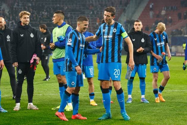 Sturm Graz v Club Brugge - UEFA Champions League KLAGENFURT, AUSTRIA - OCTOBER 02 : Tzolis Christos forward of Club Brugge and team mates celebrate the win pictured during the UEFA Champions League phase matchday 2 match between Sturm Graz and Club Brugge at the Worthersee Stadion on October 2, 2024 in Klagenfurt, Austria, 02 10 2024 Klagenfurt Austria  Copyright: xJanxDexMeuleneirx