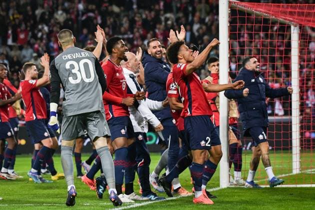 Champions League Lille vs Real Madrid FA Lille’s players celebrate winning the UEFA Champions League football match between against Real Madrid CF at the Pierre Mauroy Stadium in Lille on October 2, 2024. Photo by Firas Abdullah ABACAPRESS.COM Paris Ile-de-France France  Copyright: xAbdullahxFiras ABACAx