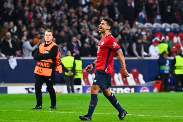 Benjamin Andre ( 21 - Lille ) celebrates following the UEFA Champions League match between Lille OSC and Real Madrid CF at Stade Pierre Mauroy on October 02, 2024 in Lille, France. ( Photo by federico pestellini panoramic ) - FOOTBALL : Lille vs Real Madrid - Ligue des Champions - 02 10 2024 FedericoPestellini Panoramic 