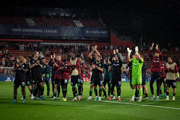 CALCIO - UEFA Champions League - Girona vs Feyenoord Feyenoord player are celebrating during a UEFA Champions League match between Girona FC and Feyenoord at Estadi MunicPhoto by IPA ABACAPRESS.COMl de Montilivi in Girona, Girona, Spain, on October 02 2024. Photo by Felipe Mondino Girona Spain  Copyright: xIPAxSport ABACAx