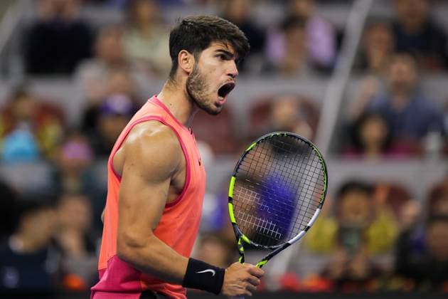 BEIJING, CHINA - OCTOBER 02: Carlos Alcaraz of Spain reacts in the Men s Singles Final match against Jannik Sinner of Italy on day ten of 2024 China Open at National Tennis Center on October 2, 2024 in Beijing, China.  Copyright: xVCGx 111521667828