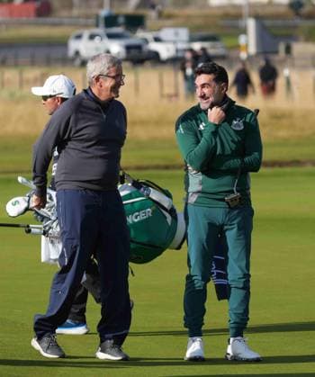 PGA, Golf Herren Tour Commissioner Jay Monahan with LIV Golf & Newcastle United fc Chairman His Excellency Yasir Al Rumayyan on the 18th hole. Alfred Dunhill Links Championship 2024, Day One, Golf, The Belfry, Angus and Fife, Scotland, UK - 03 Oct 2024  Copyright: xStuartxWallace Shutterstockx 14751990e