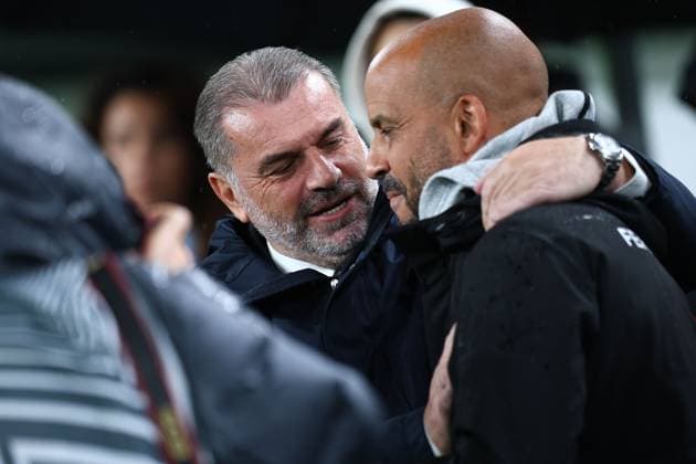 Ange Postecoglou manager of Tottenham Hotspur and Pascal Jansen manager of Ferencvaros Ferencvaros v Tottenham Hotspur, UEFA Europa League, Group Stage, Football, Groupama Arena, Budapest, Hungary, 03 Oct 2024 EDITORIAL USE ONLY No use with unauthorised audio, video, data, fixture lists, club league logos or live services. Online in-match use limited to 120 images, no video emulation. No use in betting, games or single club league player publications. Copyright: xMichaelxZemanek Shutterstockx 14750796f