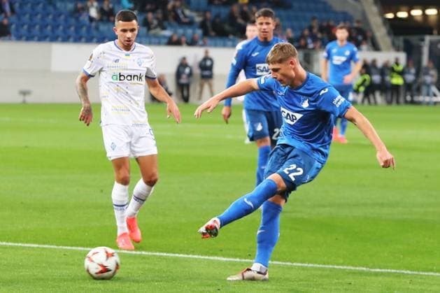 03.10.2024, xtvx, Fussball UEFA Europa League, TSG 1899 Hoffenheim - Dynamo Kiev emspor, v.l. Alexander Prass (TSG 1899 Hoffenheim) Torschuss, has a shot on goal (DFL DFB REGULATIONS PROHIBIT ANY USE OF PHOTOGRAPHS as IMAGE SEQUENCES and or QUASI-VIDEO) Sinsheim