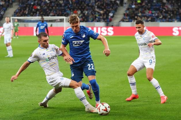 03.10.2024, xtvx, Fussball UEFA Europa League, TSG 1899 Hoffenheim - Dynamo Kiev emspor, v.l. Oleksandr Karavalev (FC Dynamo Kyiv) Alexander Prass (TSG 1899 Hoffenheim) Zweikampf, Duell, duel, tackle, compete (DFL DFB REGULATIONS PROHIBIT ANY USE OF PHOTOGRAPHS as IMAGE SEQUENCES and or QUASI-VIDEO) Sinsheim