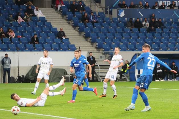 03.10.2024, xtvx, Fussball UEFA Europa League, TSG 1899 Hoffenheim - Dynamo Kiev emspor, v.l. Goal scored, Tor zum 1:0< Adam Hlozek (TSG 1899 Hoffenheim) (DFL DFB REGULATIONS PROHIBIT ANY USE OF PHOTOGRAPHS as IMAGE SEQUENCES and or QUASI-VIDEO) Sinsheim