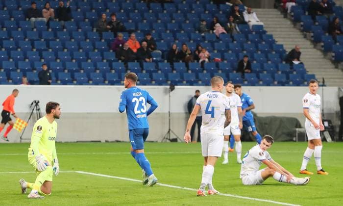 03.10.2024, xtvx, Fussball UEFA Europa League, TSG 1899 Hoffenheim - Dynamo Kiev emspor, v.l. Goal scored, Tor zum 1:0< Adam Hlozek (TSG 1899 Hoffenheim) Torjubel, Goal celebration, celebrate the goal, celebrates scoring (DFL DFB REGULATIONS PROHIBIT ANY USE OF PHOTOGRAPHS as IMAGE SEQUENCES and or QUASI-VIDEO) Sinsheim